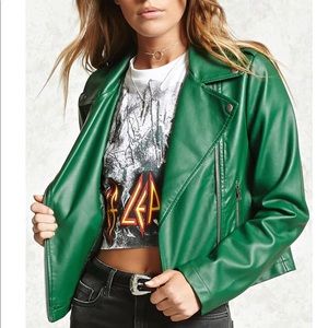 CLEARANCE GREEN LEATHER MOTO BIKER JACKET